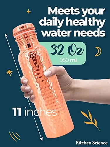 Kitchen Science Copper Water Bottle (32oz/950ml) w/ Copper Tumbler, Carrying Bag & Deco Sleeve | Pure Copper Bottle for Drinking Water | Lab-Tested, Leak-Proof | Authentic Ayurvedic Copper Bottle