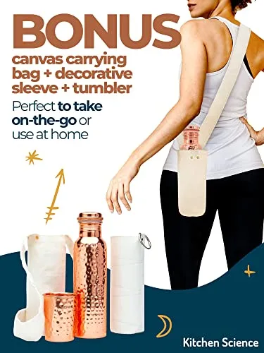 Kitchen Science Copper Water Bottle (32oz/950ml) w/ Copper Tumbler, Carrying Bag & Deco Sleeve | Pure Copper Bottle for Drinking Water | Lab-Tested, Leak-Proof | Authentic Ayurvedic Copper Bottle