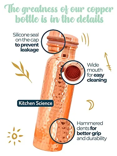 Kitchen Science Copper Water Bottle (32oz/950ml) w/ Copper Tumbler, Carrying Bag & Deco Sleeve | Pure Copper Bottle for Drinking Water | Lab-Tested, Leak-Proof | Authentic Ayurvedic Copper Bottle