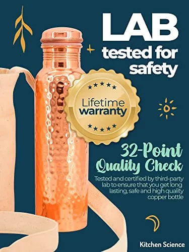 Kitchen Science Copper Water Bottle (32oz/950ml) w/ Copper Tumbler, Carrying Bag & Deco Sleeve | Pure Copper Bottle for Drinking Water | Lab-Tested, Leak-Proof | Authentic Ayurvedic Copper Bottle