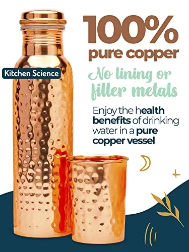 Kitchen Science Copper Water Bottle (32oz/950ml) w/ Copper Tumbler, Carrying Bag & Deco Sleeve | Pure Copper Bottle for Drinking Water | Lab-Tested, Leak-Proof | Authentic Ayurvedic Copper Bottle