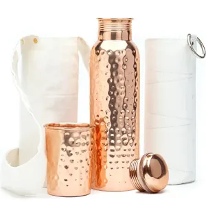 Kitchen Science Copper Water Bottle (32oz/950ml) w/ Copper Tumbler, Carrying Bag & Deco Sleeve | Pure Copper Bottle for Drinking Water | Lab-Tested, Leak-Proof | Authentic Ayurvedic Copper Bottle