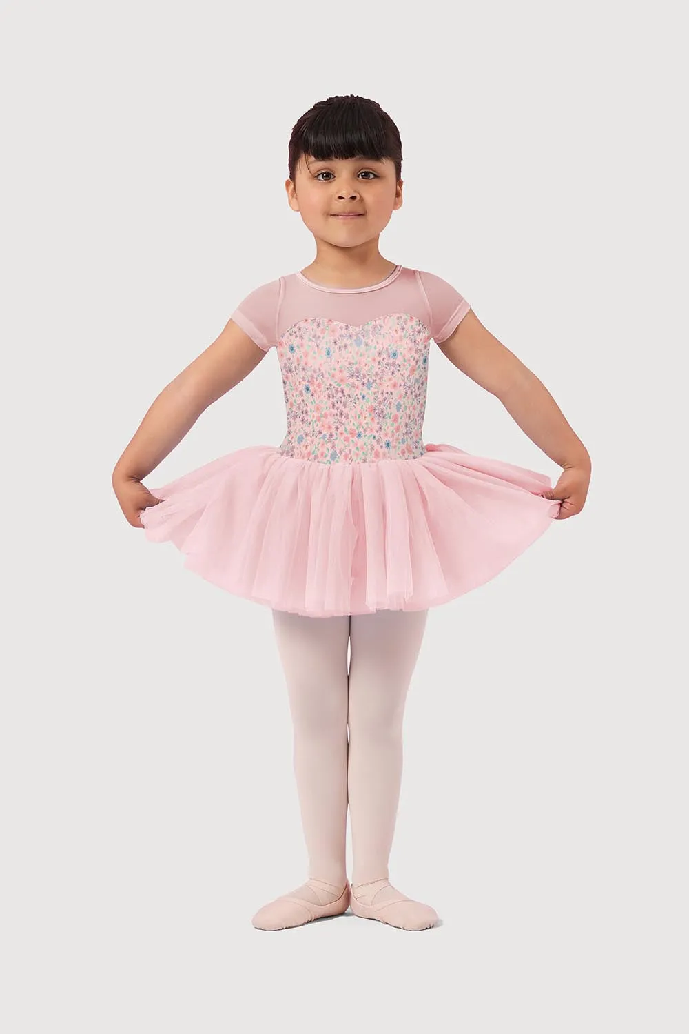 LM51554G - Mirella Ditsy Floral Mesh Cap Sleeve Girls Tutu Dress