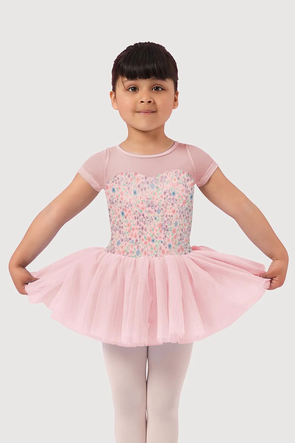 LM51554G - Mirella Ditsy Floral Mesh Cap Sleeve Girls Tutu Dress