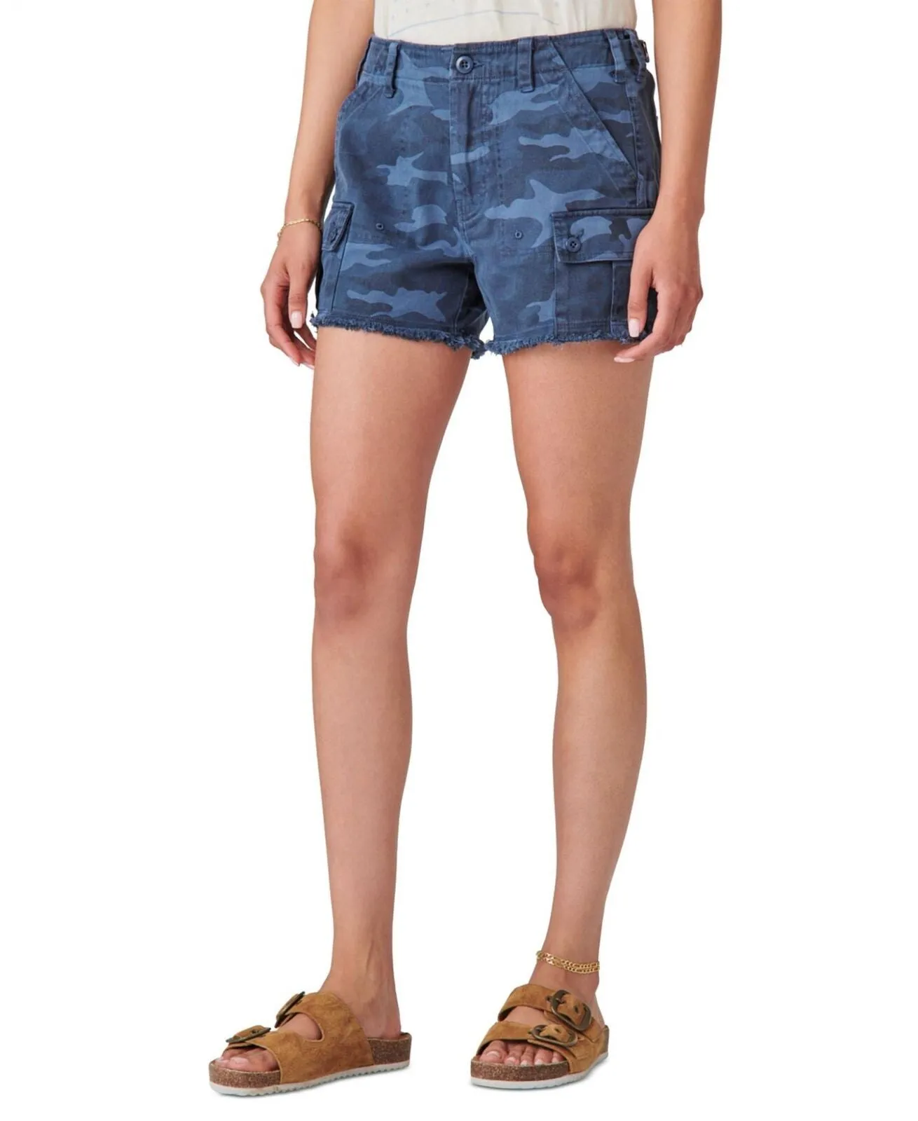 Lucky Brand Womens Cotton Raw-Hem Utility Shorts 7W15582 Indigo Camo Blue 34
