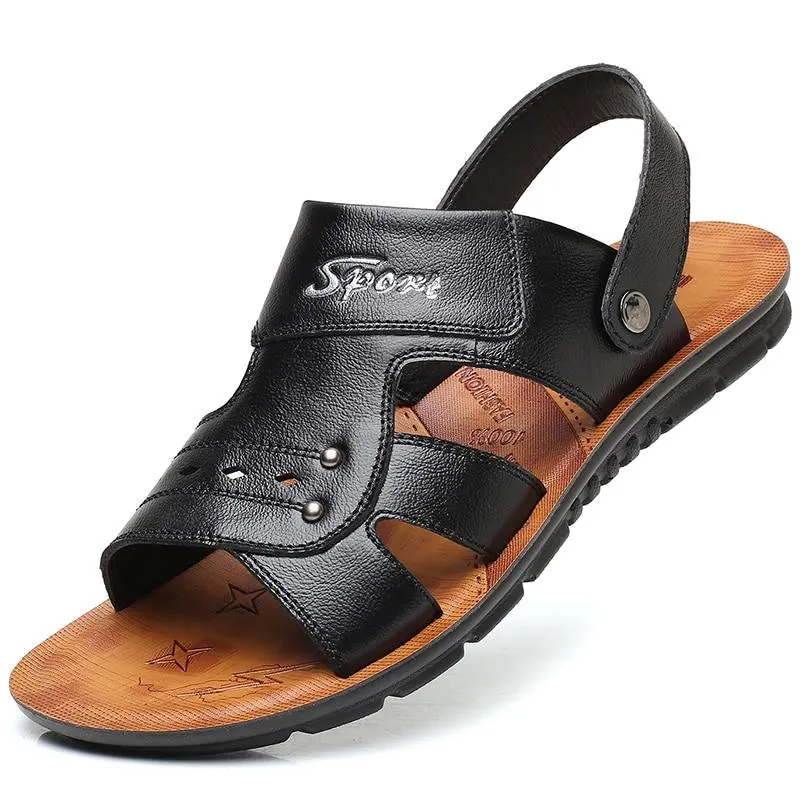 Men's Genuine Leather Sandals Non-Slip Slippers Flats Beach Shoes