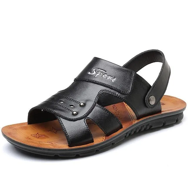 Men's Genuine Leather Sandals Non-Slip Slippers Flats Beach Shoes