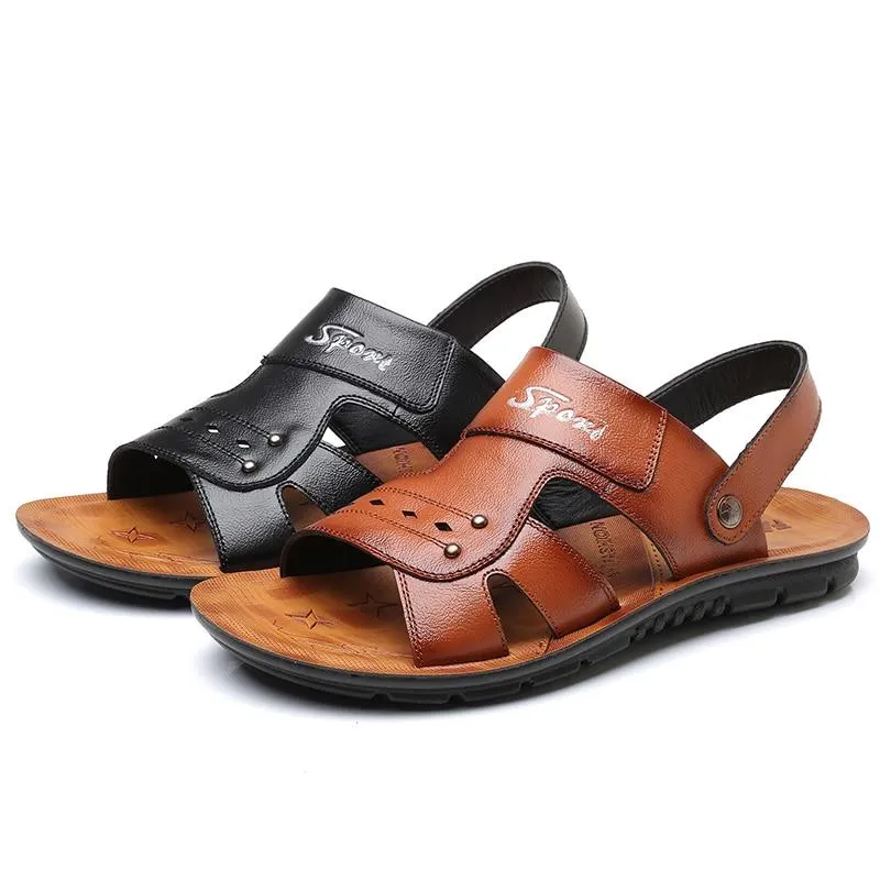 Men's Genuine Leather Sandals Non-Slip Slippers Flats Beach Shoes