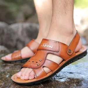 Men's Genuine Leather Sandals Non-Slip Slippers Flats Beach Shoes