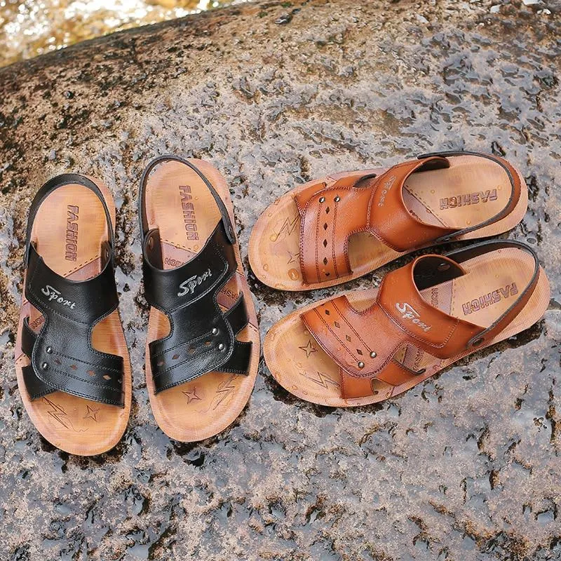 Men's Genuine Leather Sandals Non-Slip Slippers Flats Beach Shoes