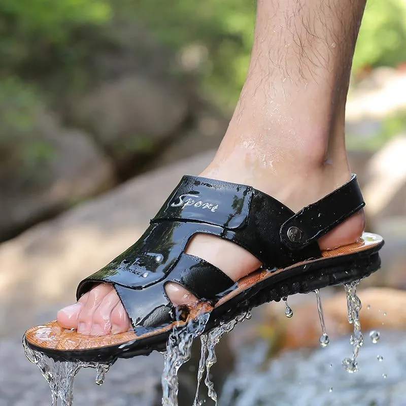 Men's Genuine Leather Sandals Non-Slip Slippers Flats Beach Shoes