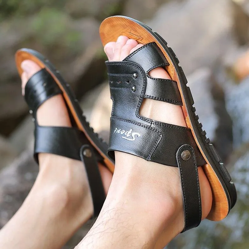 Men's Genuine Leather Sandals Non-Slip Slippers Flats Beach Shoes
