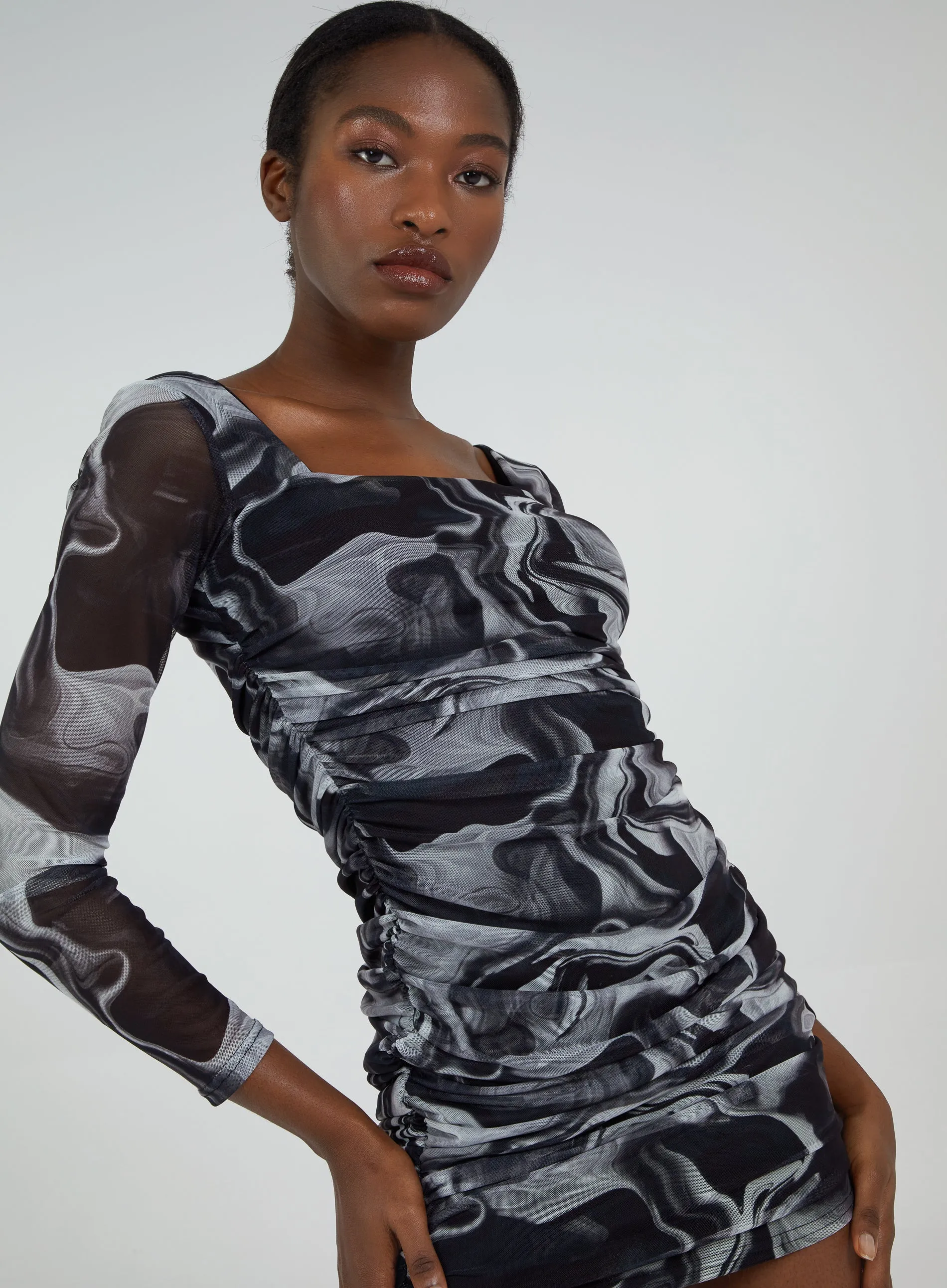 Mesh Marble Long Sleeve Mini Dress