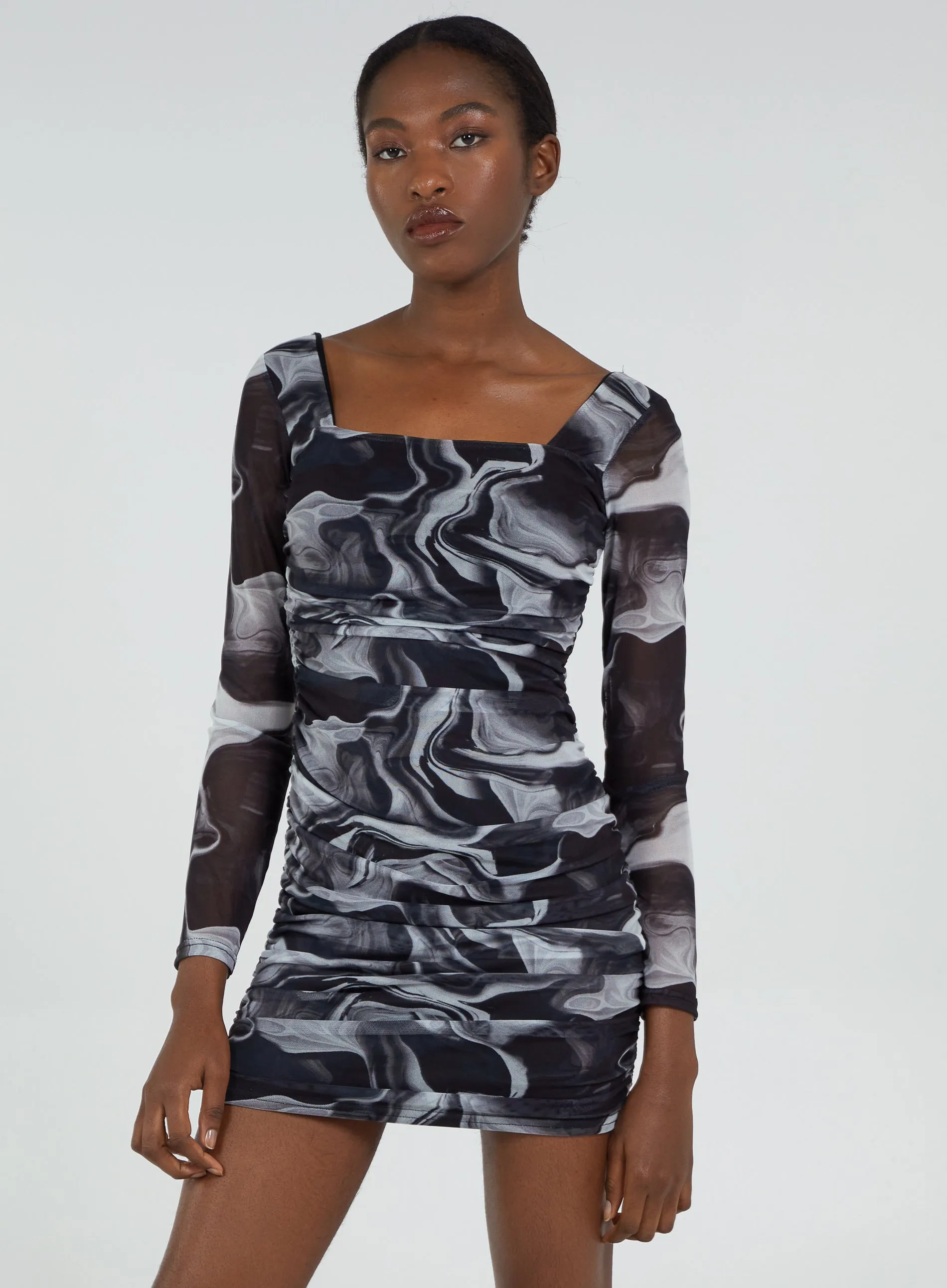 Mesh Marble Long Sleeve Mini Dress