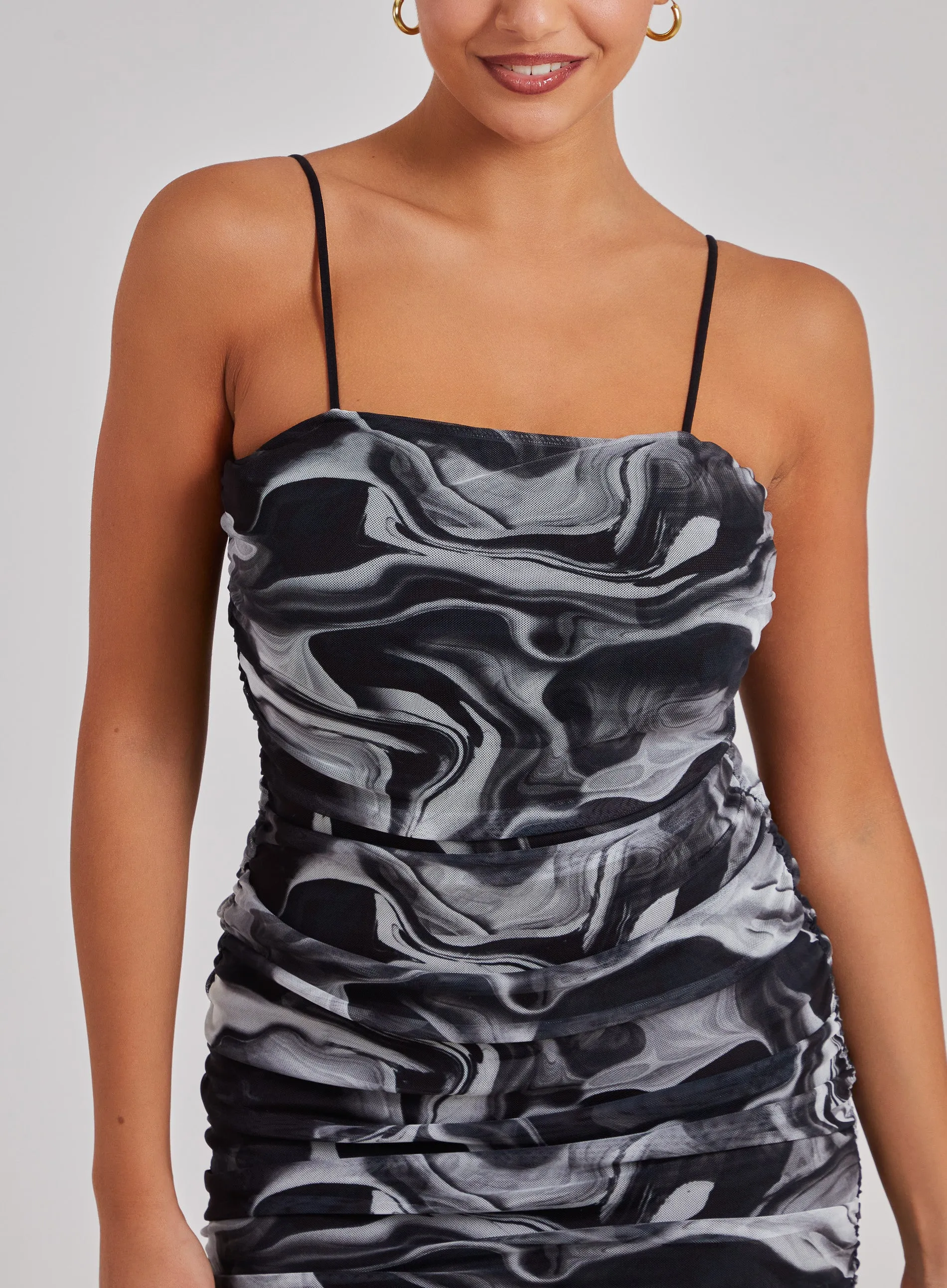 Mesh Marble Ruched Cami Mini Dress