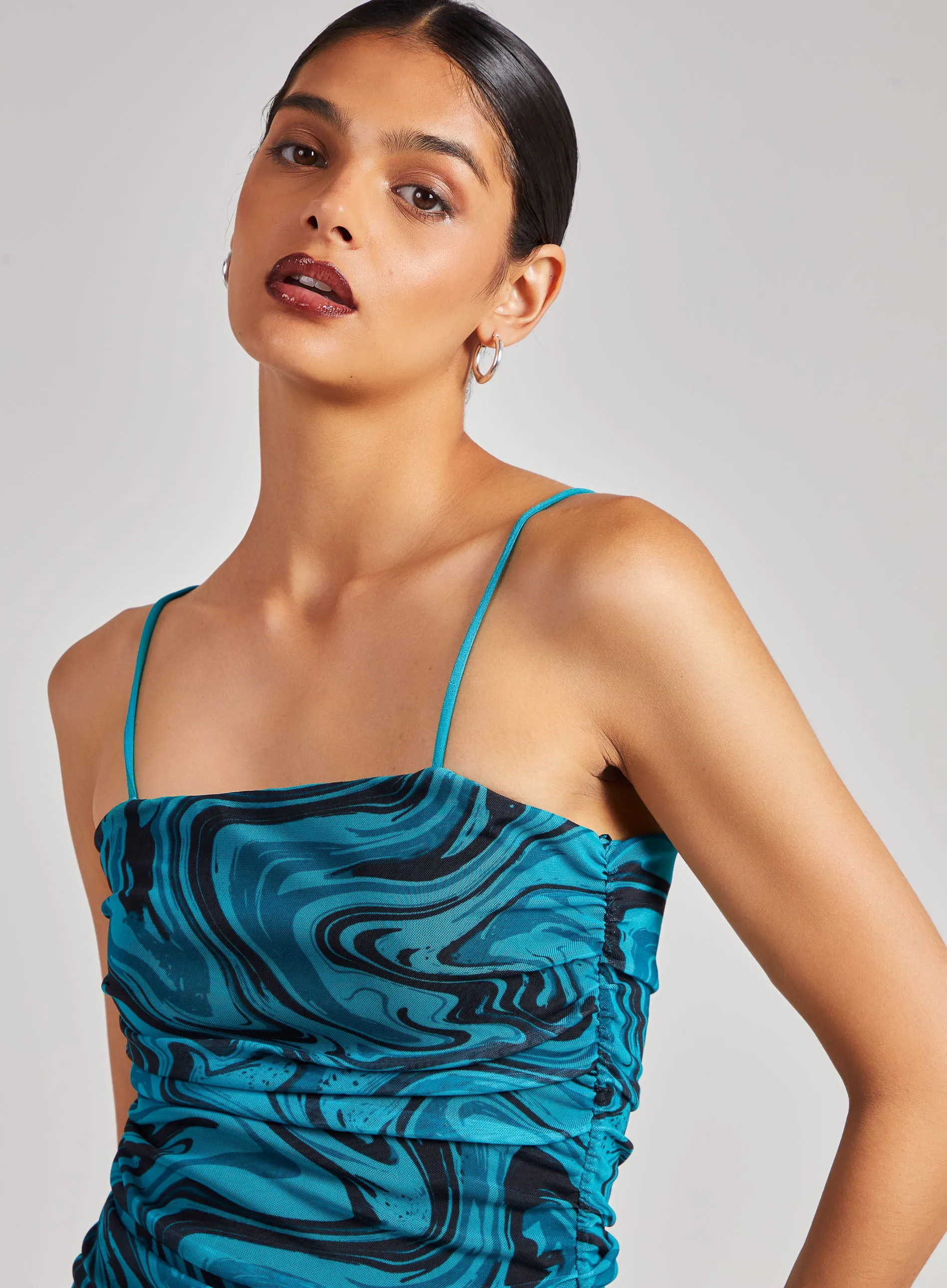Mesh Marble Ruched Cami Mini Dress