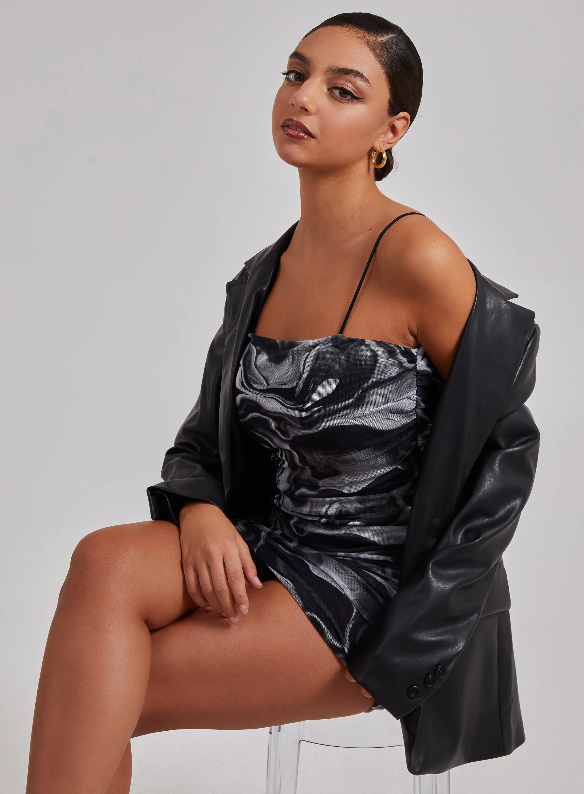 Mesh Marble Ruched Cami Mini Dress