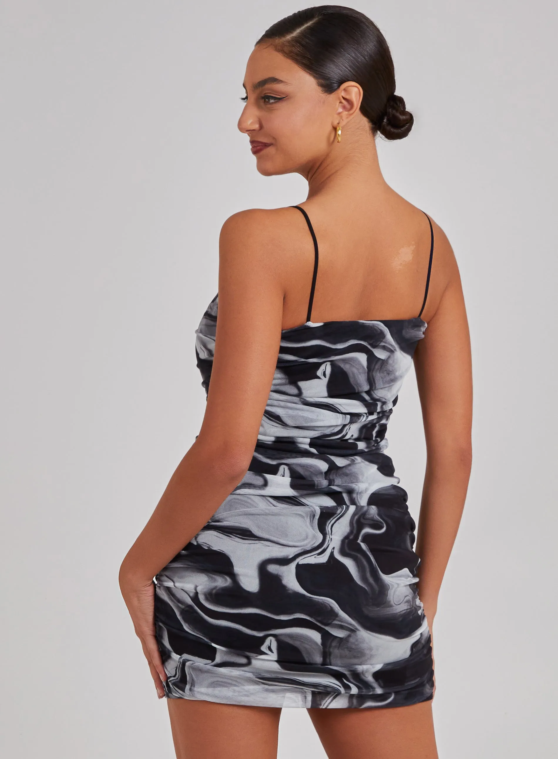 Mesh Marble Ruched Cami Mini Dress