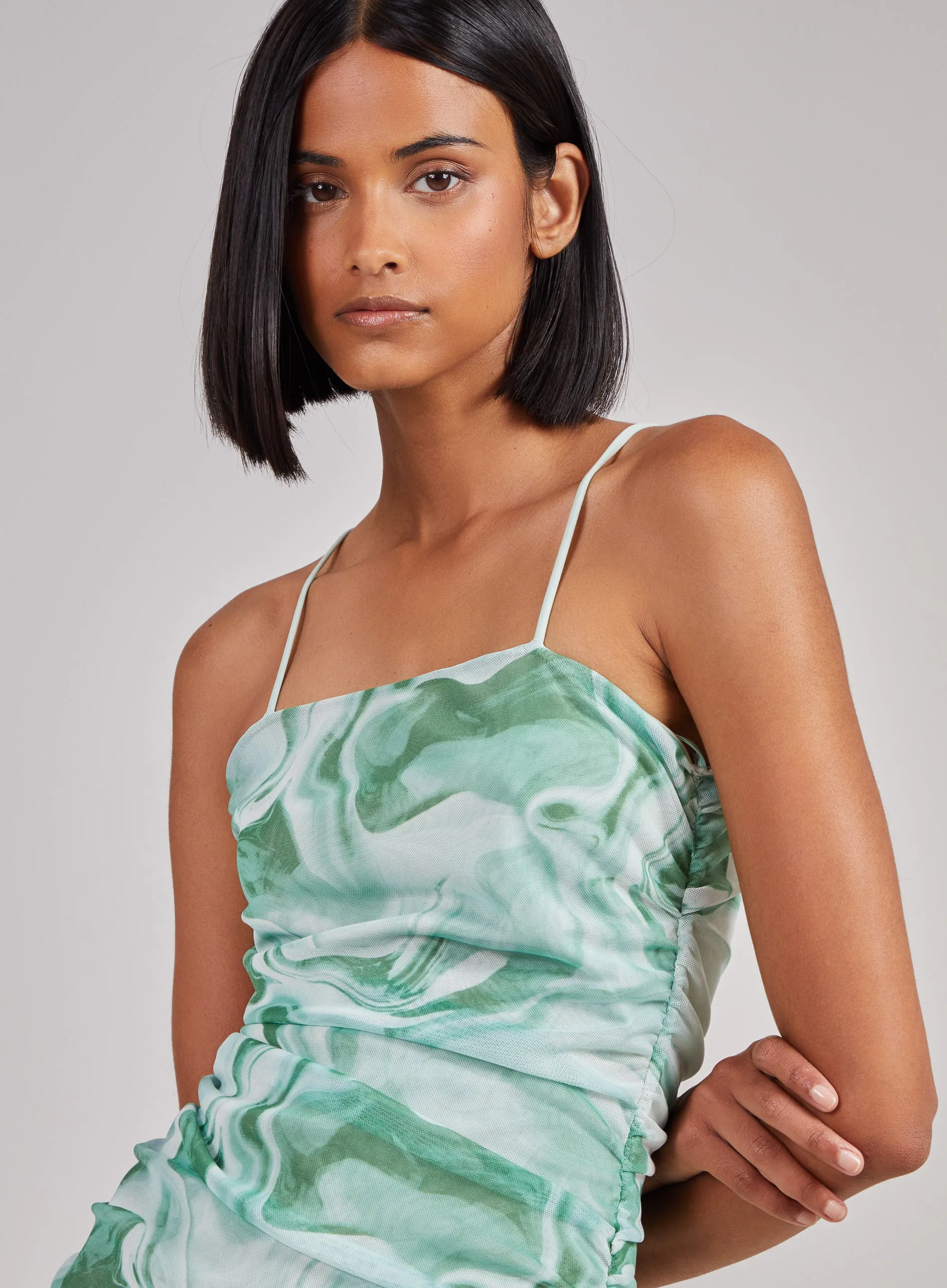 Mesh Marble Ruched Cami Mini Dress