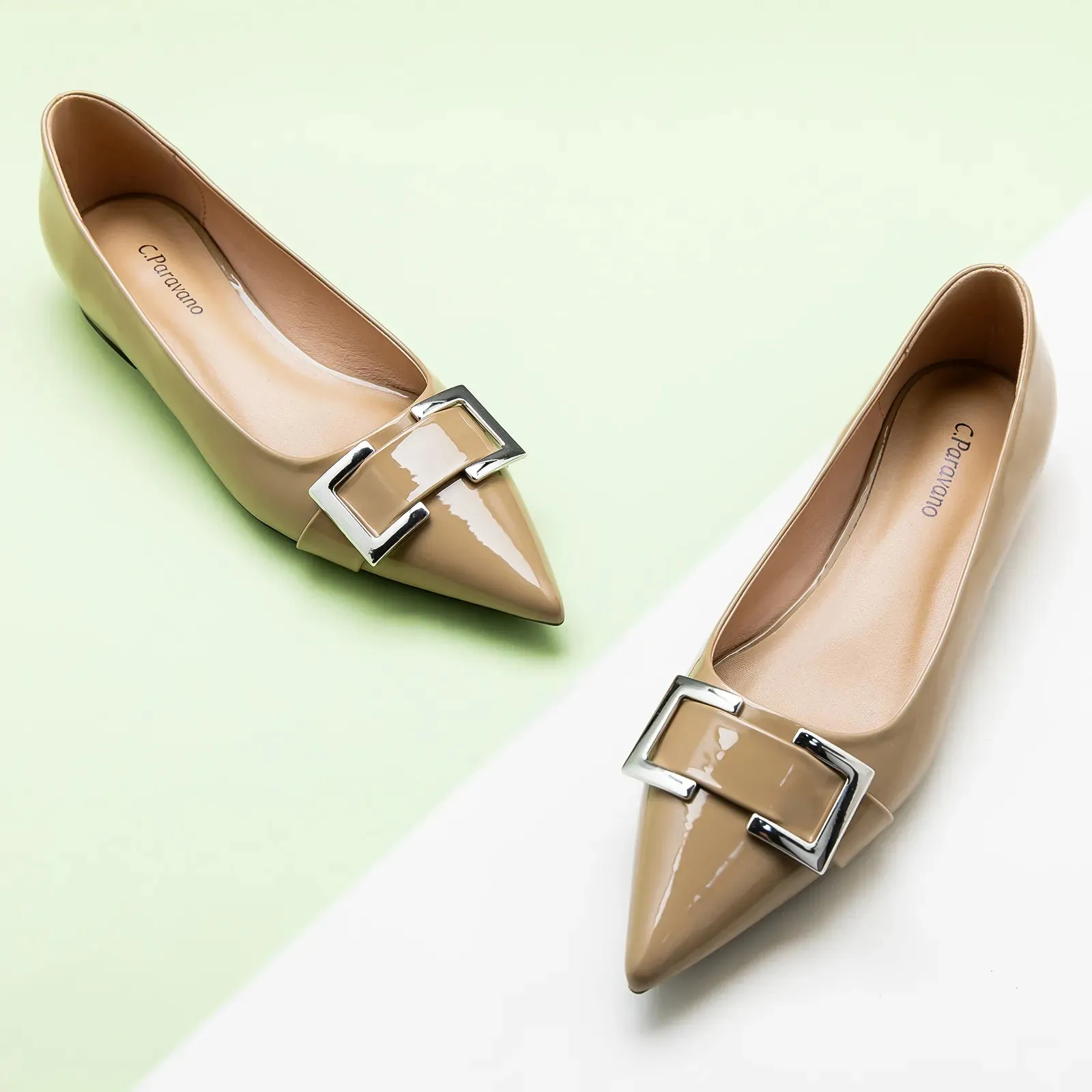 Metal Buckle Pointed Toe Flats (Aida)（SALE）