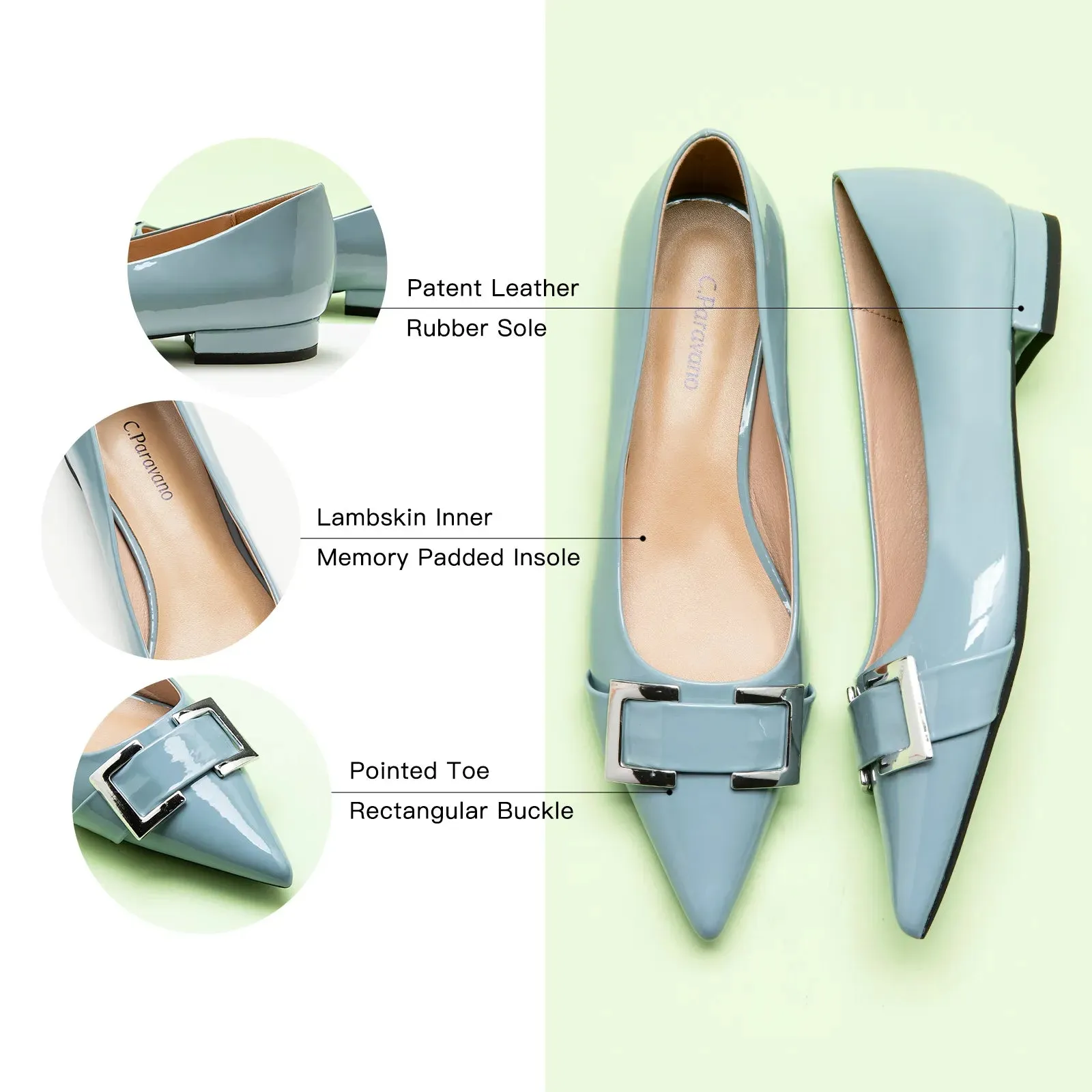 Metal Buckle Pointed Toe Flats (Aida)（SALE）