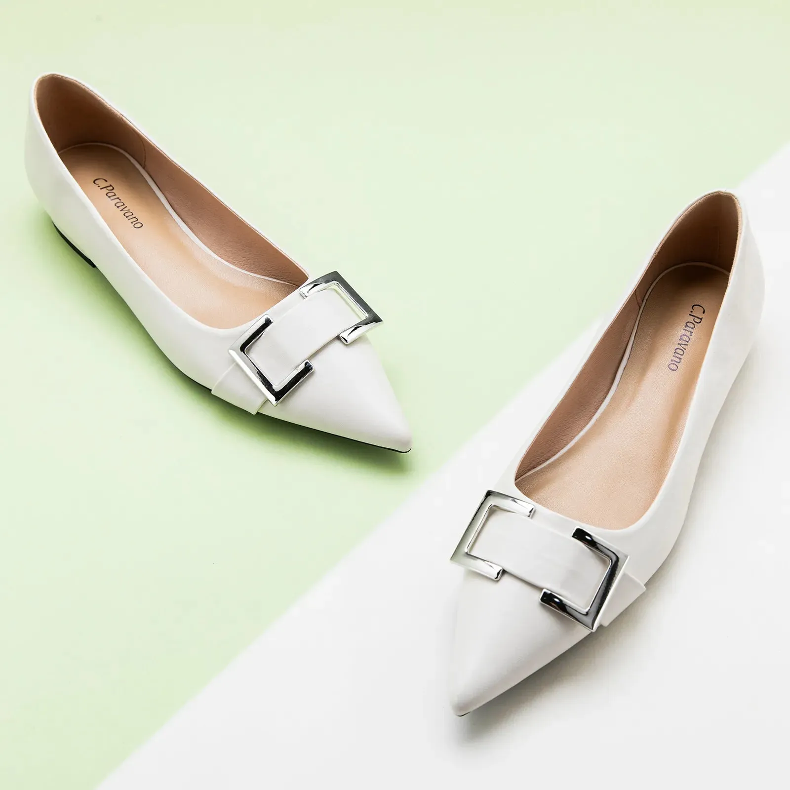 Metal Buckle Pointed Toe Flats (Aida)（SALE）