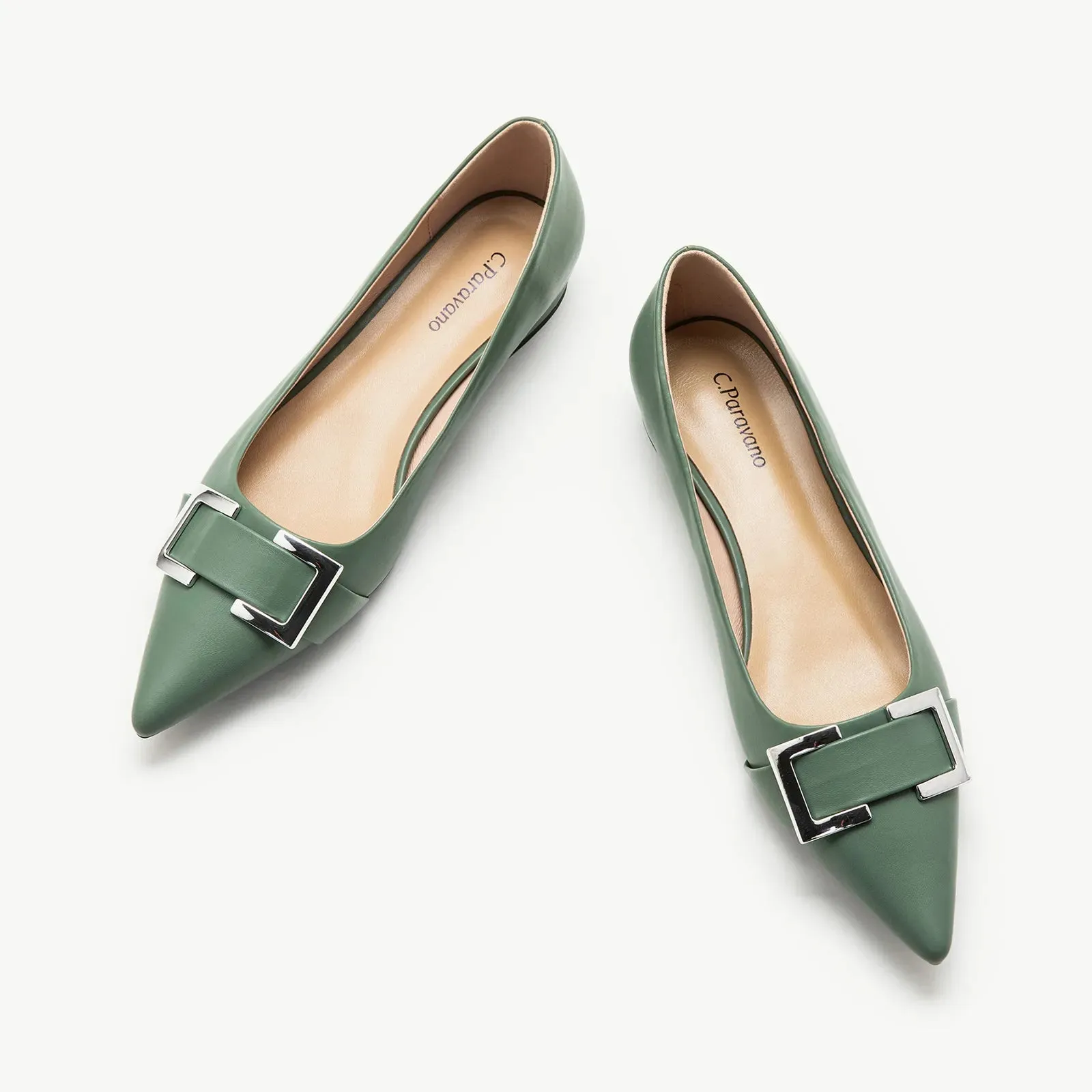 Metal Buckle Pointed Toe Flats (Aida)（SALE）