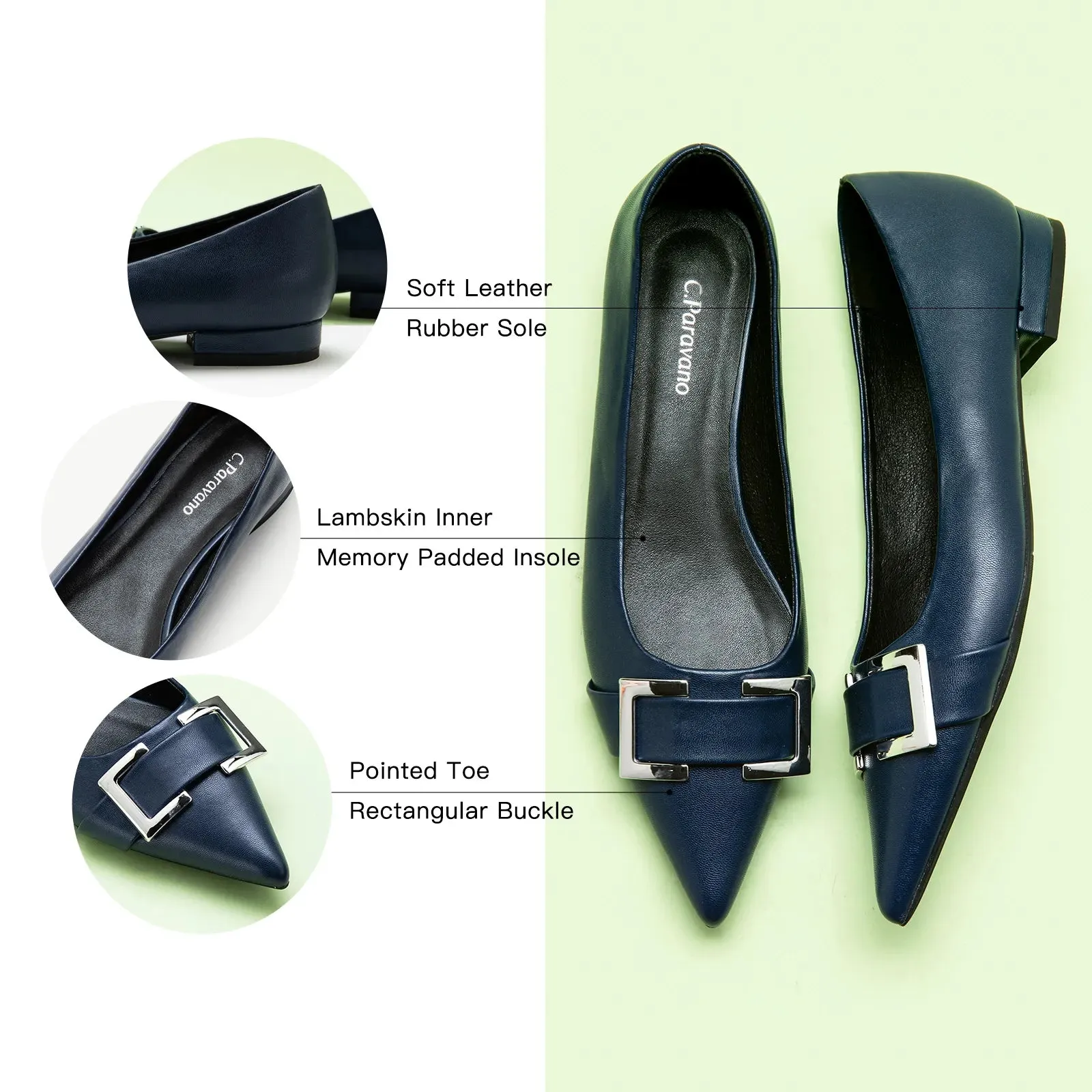 Metal Buckle Pointed Toe Flats (Aida)（SALE）