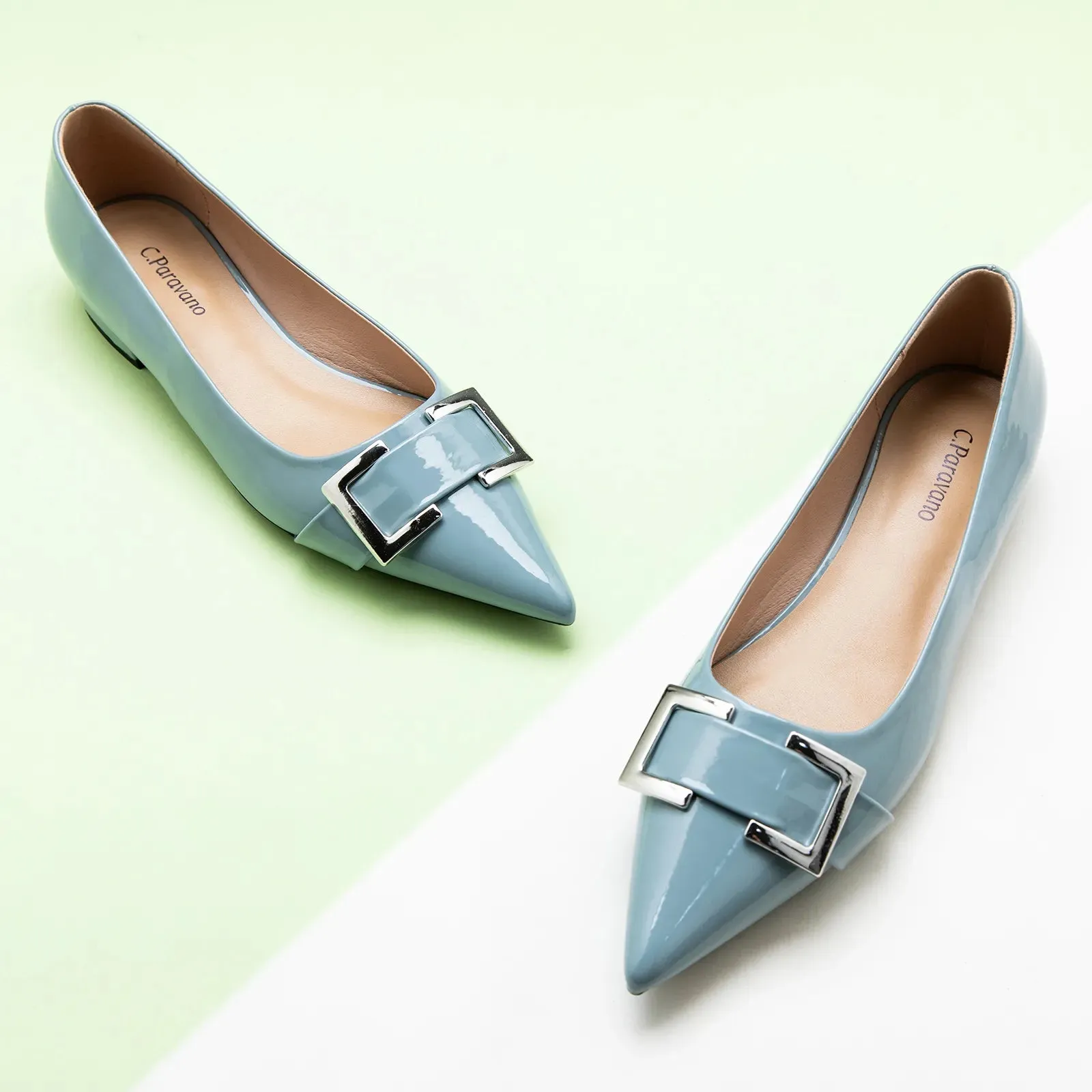 Metal Buckle Pointed Toe Flats (Aida)（SALE）