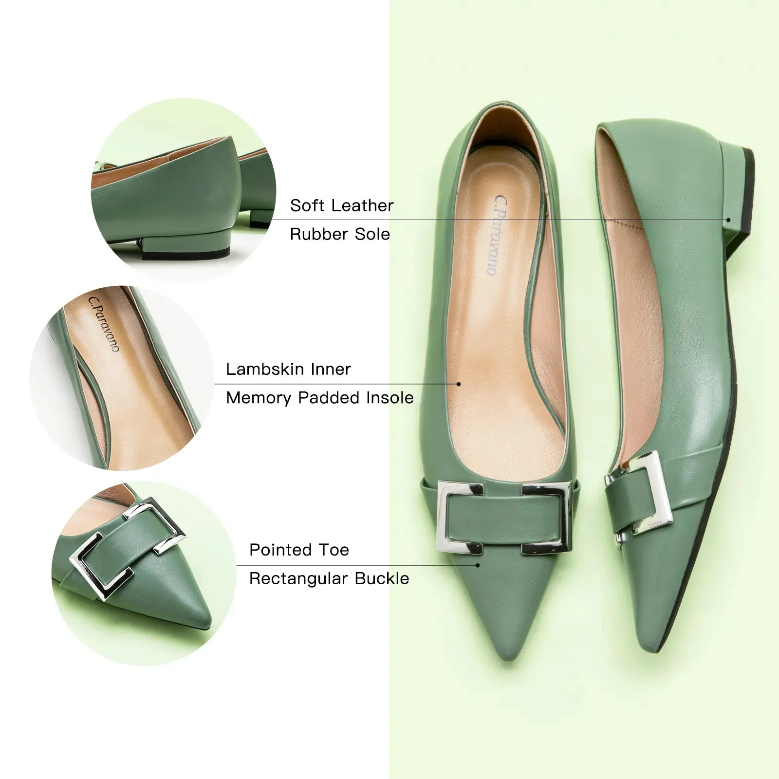 Metal Buckle Pointed Toe Flats (Aida)（SALE）