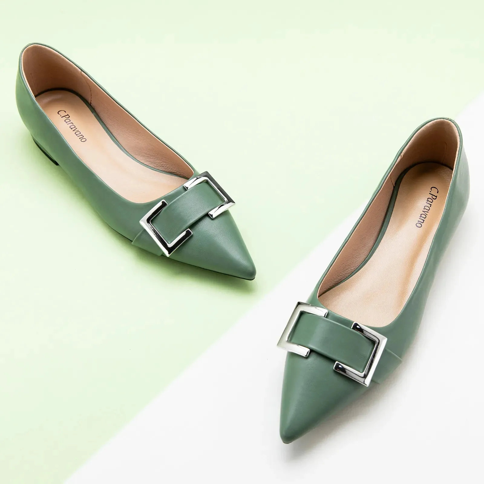 Metal Buckle Pointed Toe Flats (Aida)（SALE）