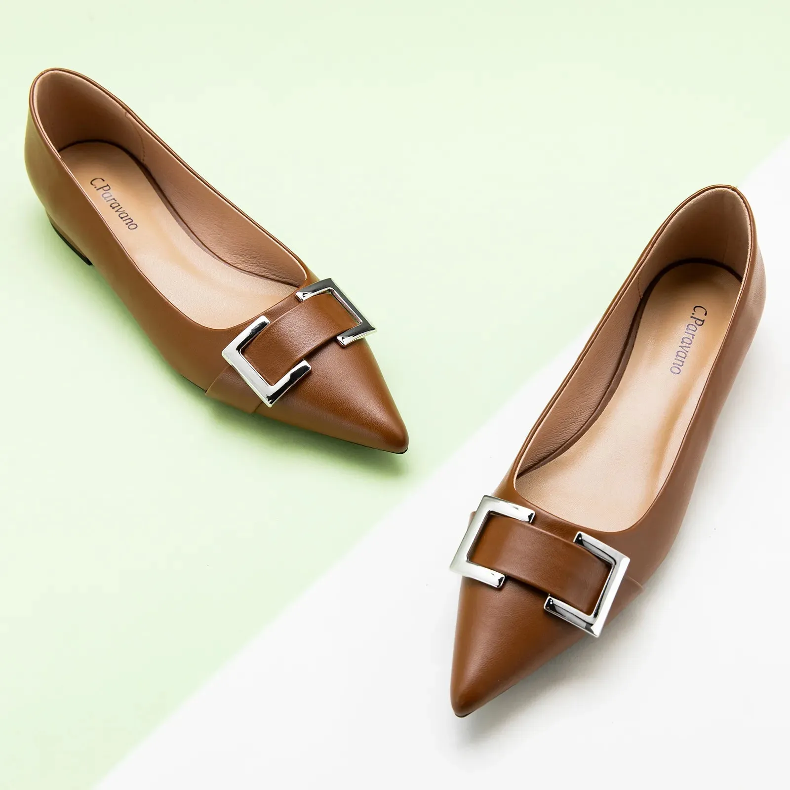 Metal Buckle Pointed Toe Flats (Aida)（SALE）