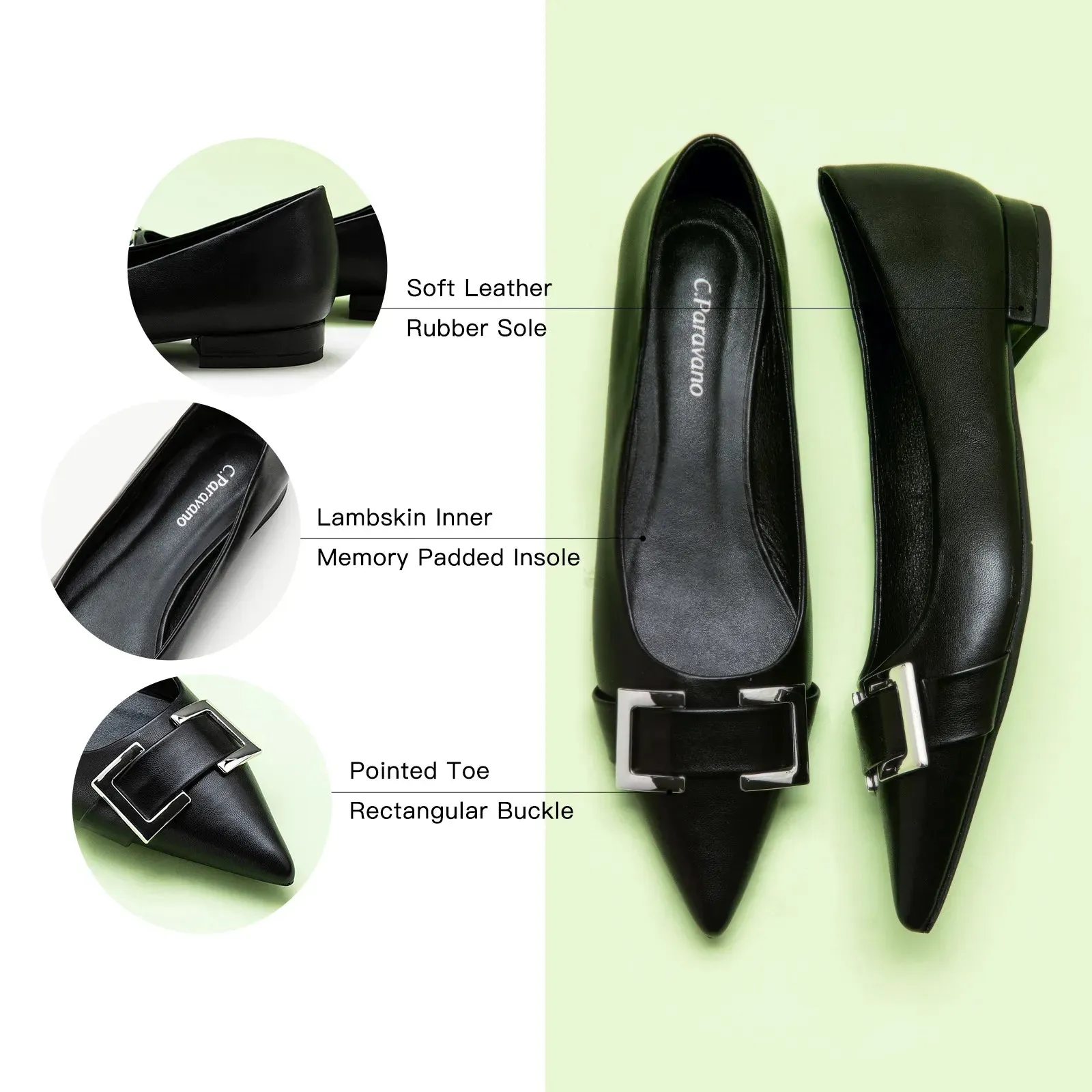Metal Buckle Pointed Toe Flats (Aida)（SALE）