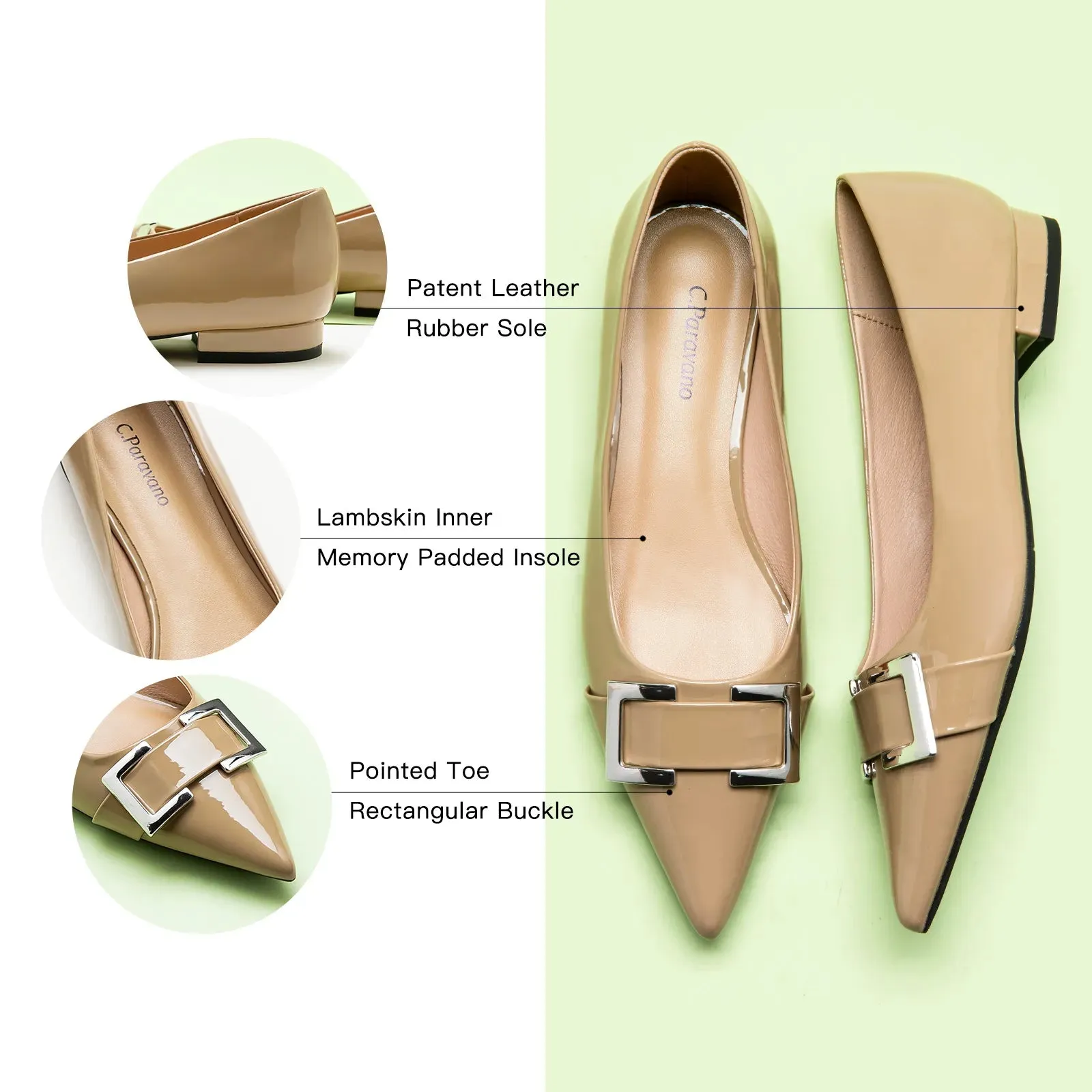 Metal Buckle Pointed Toe Flats (Aida)（SALE）