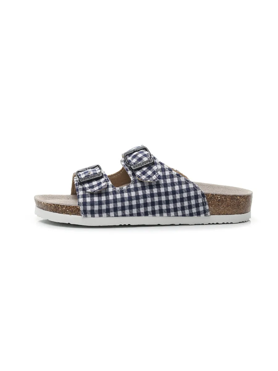 Navy Tartan Gingham Double-Buckle Sandals Slides