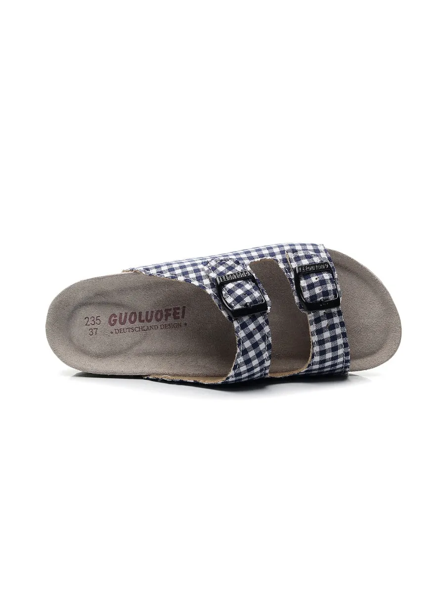 Navy Tartan Gingham Double-Buckle Sandals Slides