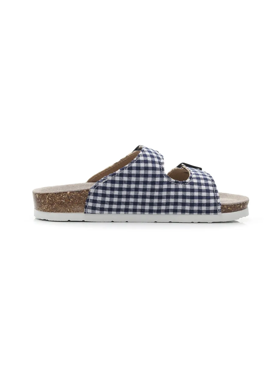 Navy Tartan Gingham Double-Buckle Sandals Slides