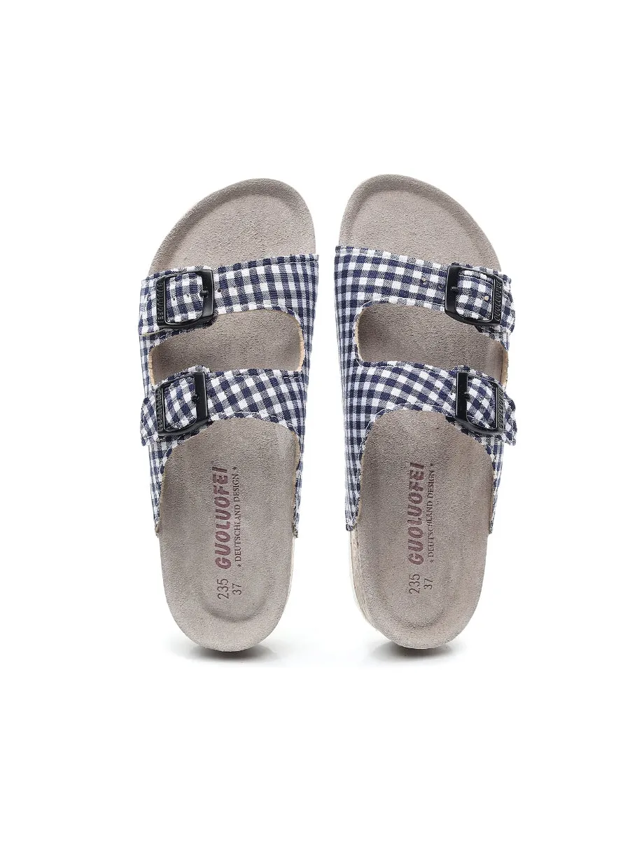 Navy Tartan Gingham Double-Buckle Sandals Slides