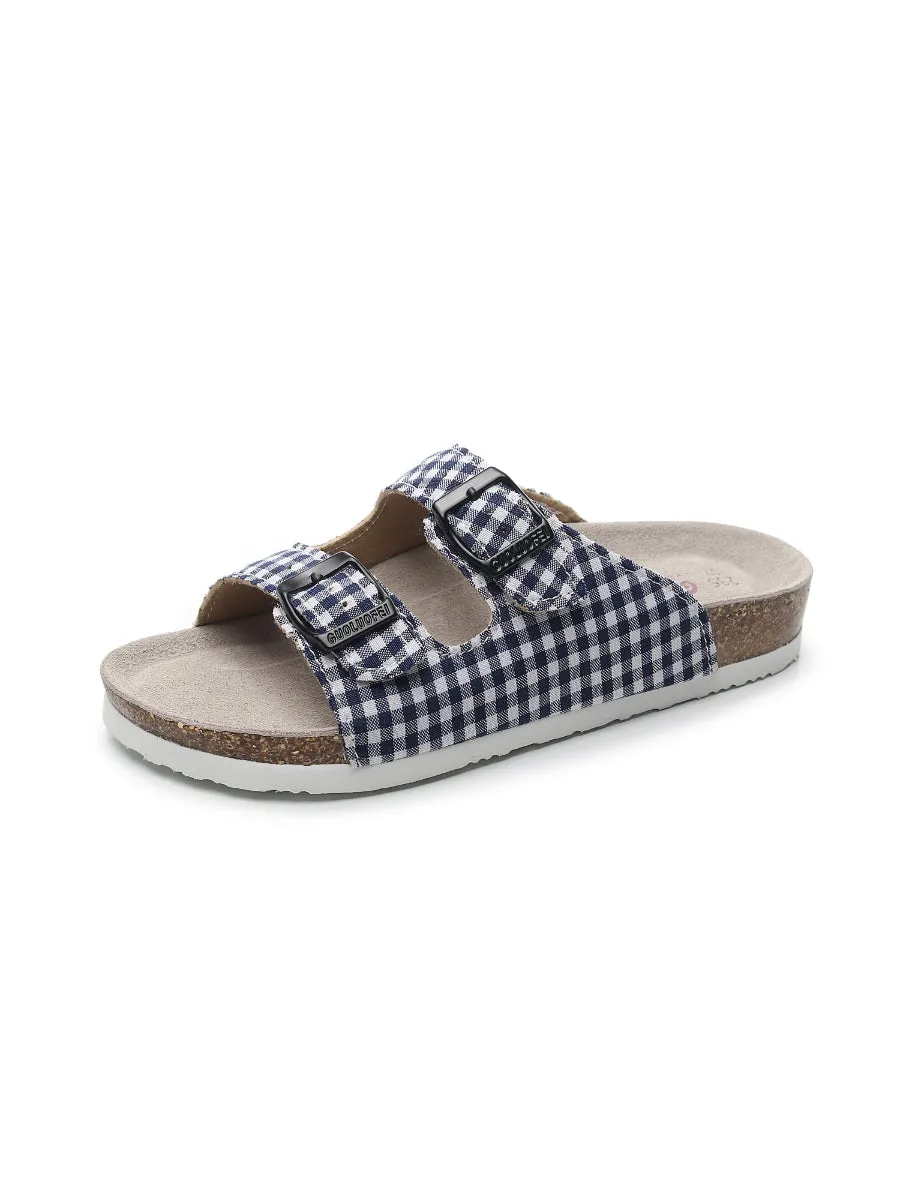 Navy Tartan Gingham Double-Buckle Sandals Slides