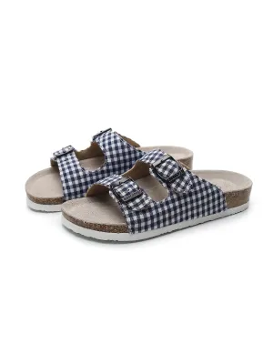 Navy Tartan Gingham Double-Buckle Sandals Slides