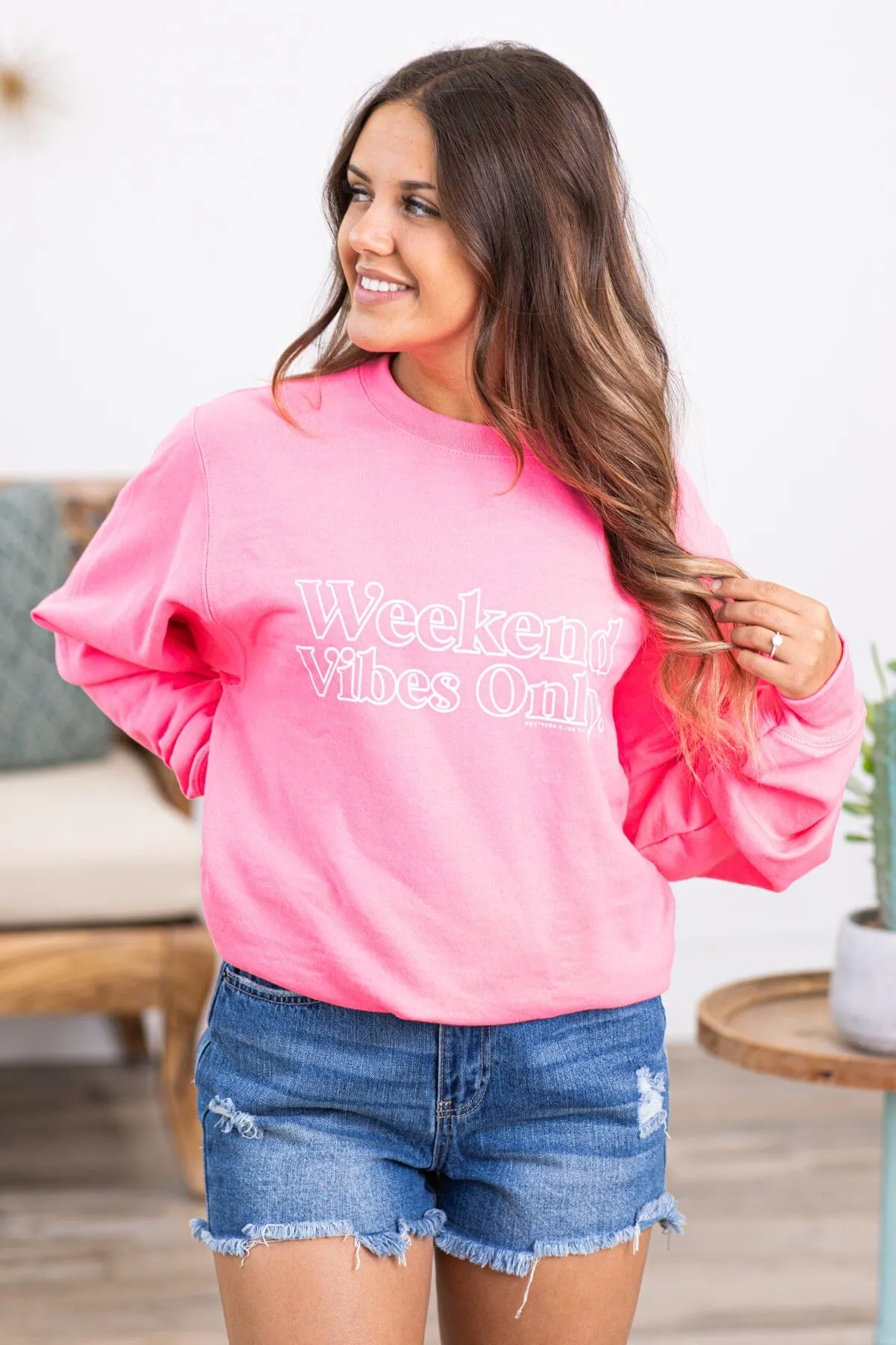 Neon Pink Weekend Vibes Graphic Sweatshirt
