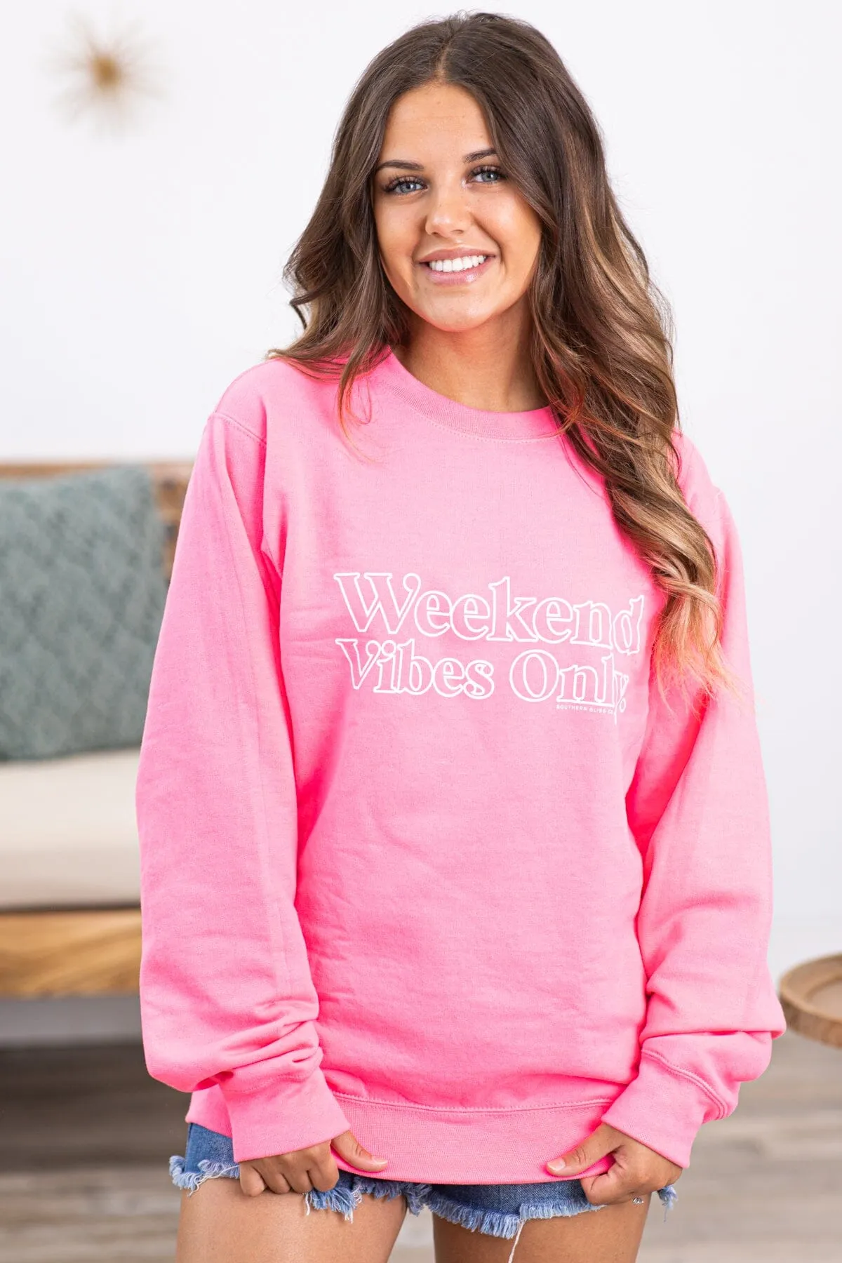 Neon Pink Weekend Vibes Graphic Sweatshirt