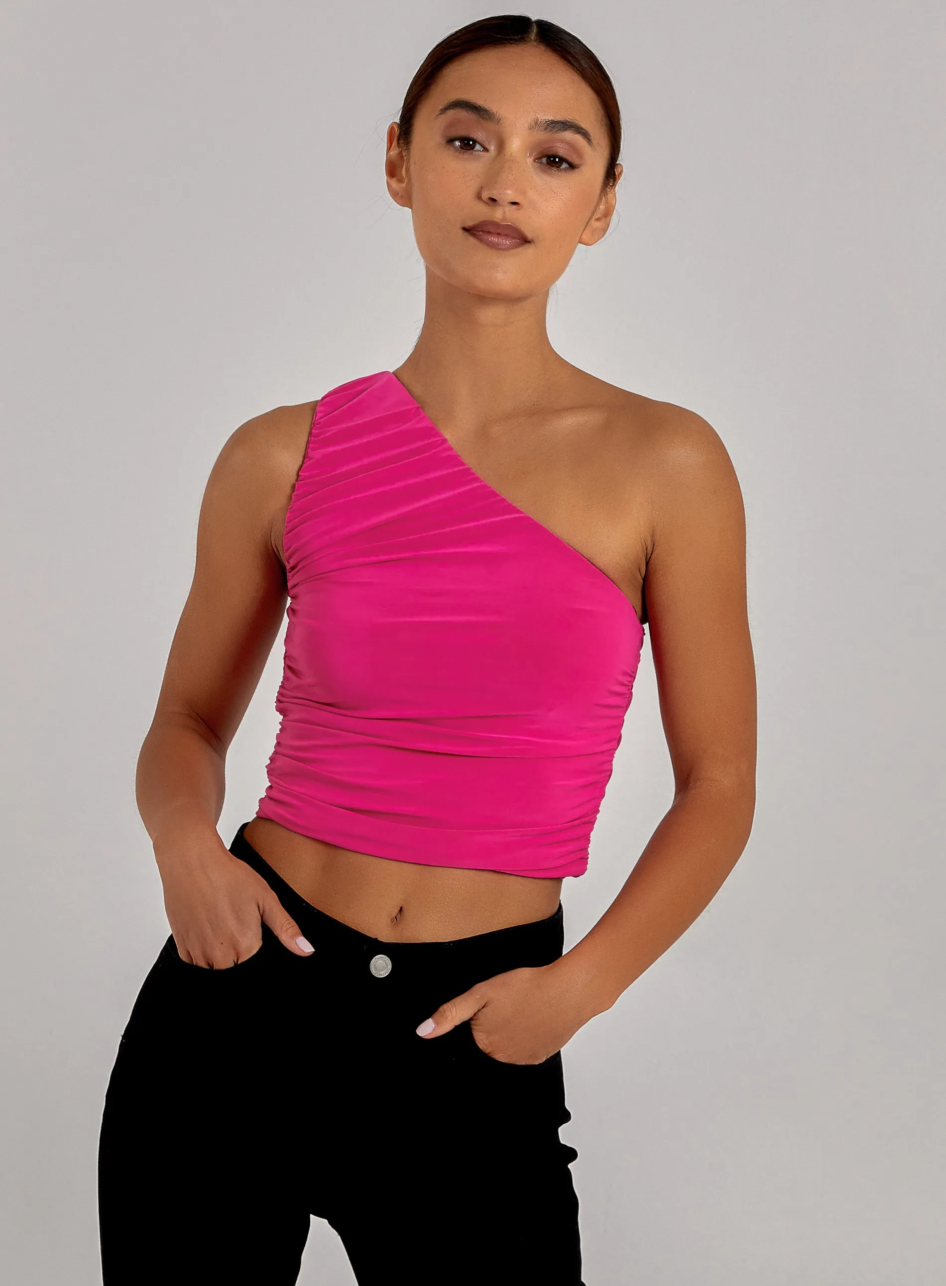 One Shoulder Ruched Slinky Top