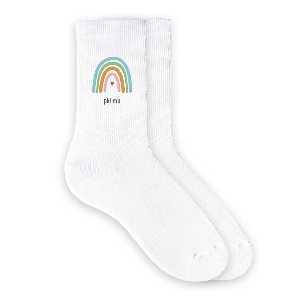 Phi Mu Sorority Crew Socks with Rainbow Design