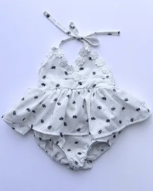 PREORDER! Tillie Floral Trim Halter Romper Dress - Bumble Bee