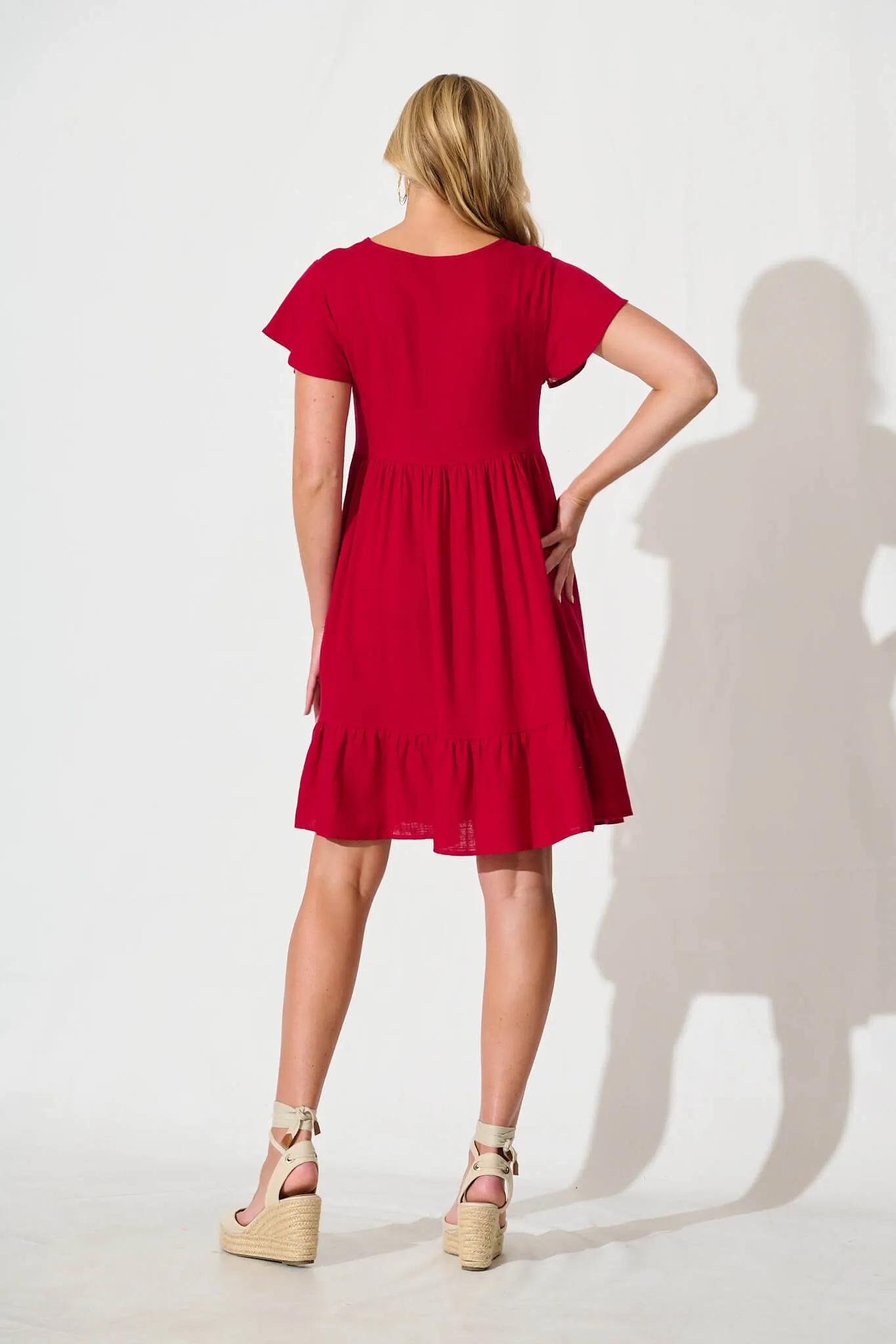 Red Linen Blend Smock Dress