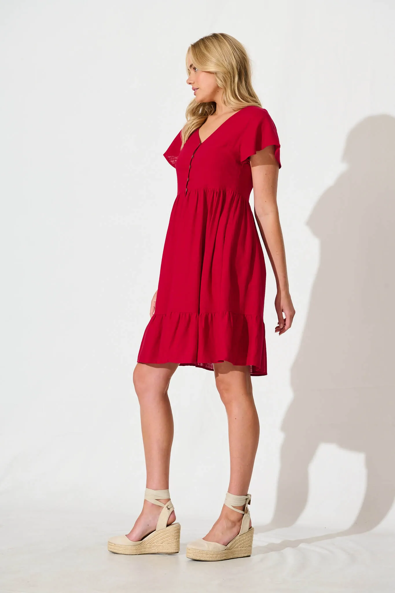 Red Linen Blend Smock Dress