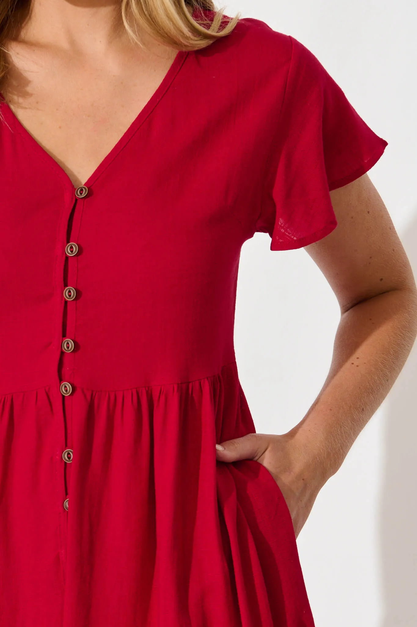 Red Linen Blend Smock Dress