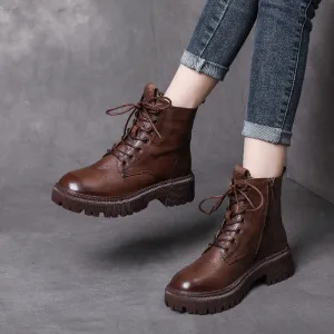 Retro Leather Soft Bottom Lace Up Martin Boots Autumn and Winter Women Shoes