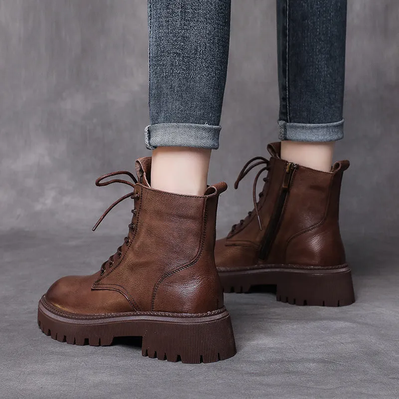 Retro Leather Soft Bottom Lace Up Martin Boots Autumn and Winter Women Shoes